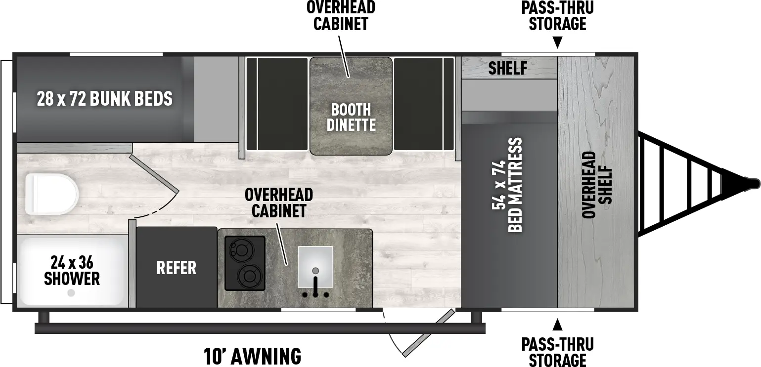 The 17SBH has zero slideouts and one entry. Exterior features front pass-through storage and 10 foot awning. Interior layout front to back: bed mattress with off-door side shelf, and overhead shelf; off-door side booth dinette and overhead cabinet; door side entry, kitchen counter with sink and cooktop, overhead cabinets and refrigerator; rear off-door side bunk beds; rear door side toilet and shower.